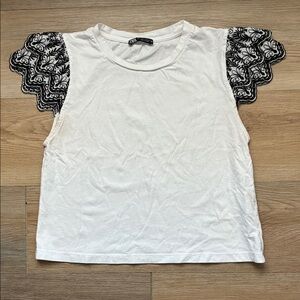 Zara White Tank with Black Lace Flutter Sleeves